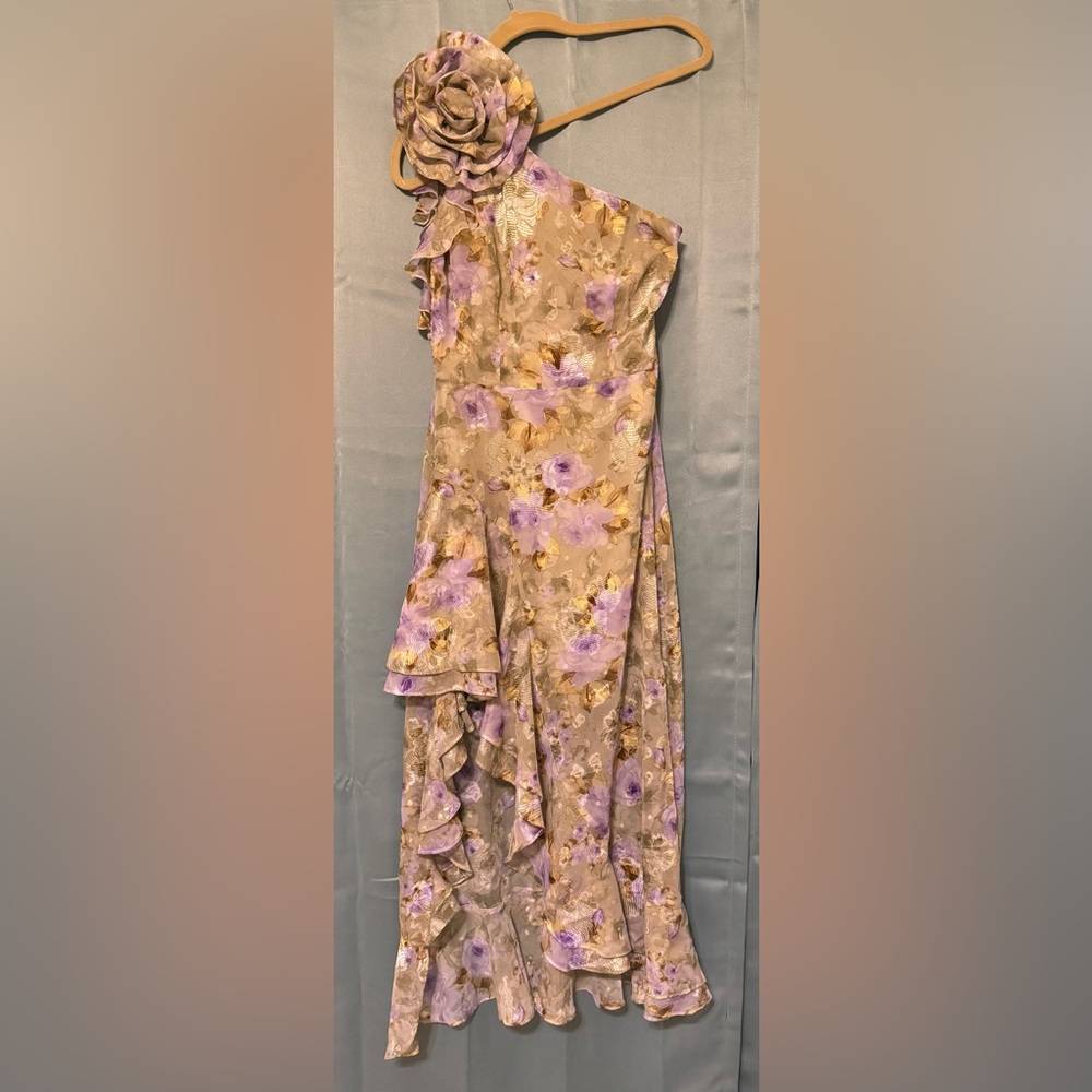 Grace Karin One-Shoulder Floral Ruffle Maxi Dress | Beige Lavender Gold | Size 6